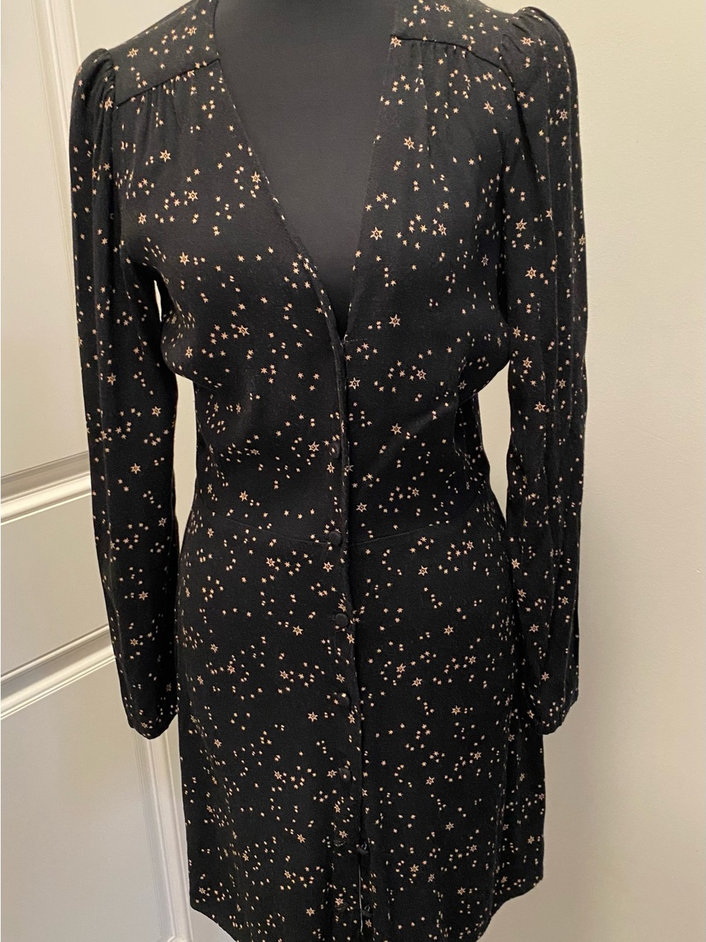 Reformation Black Long-Sleeve Star-Print V-Neck Button Down Dress